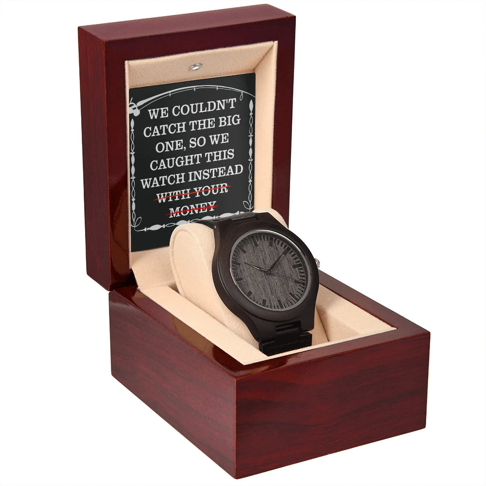 Rich Sandalwood and Paired With A Genuine Leather Strap Men's Black Sandalwood Wooden Watch For Fishing Dad Luxury Box Side View