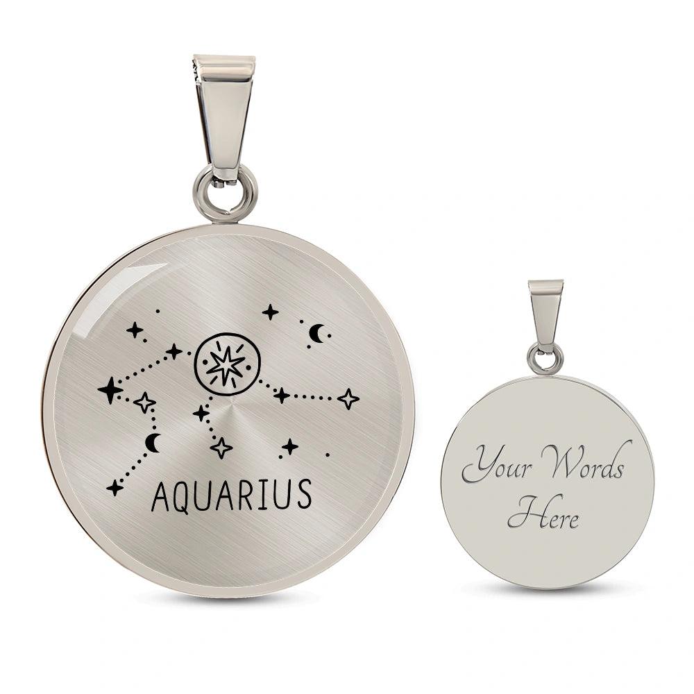 Surgical Steel Custom Engraved Aquarius Zodiac Star Sign Circle Pendant Necklace