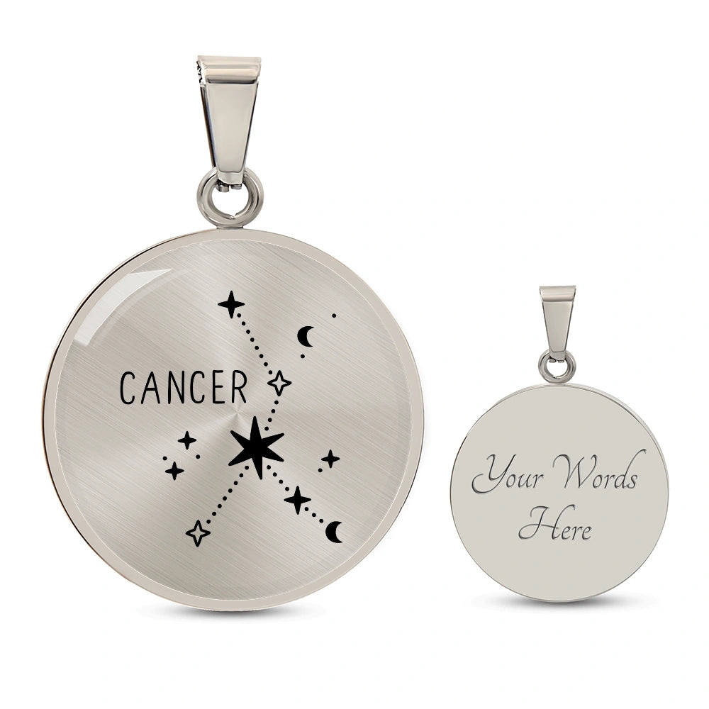 Surgical Steel Custom Engraved Cancer Zodiac Star Sign Circle Pendant Necklace