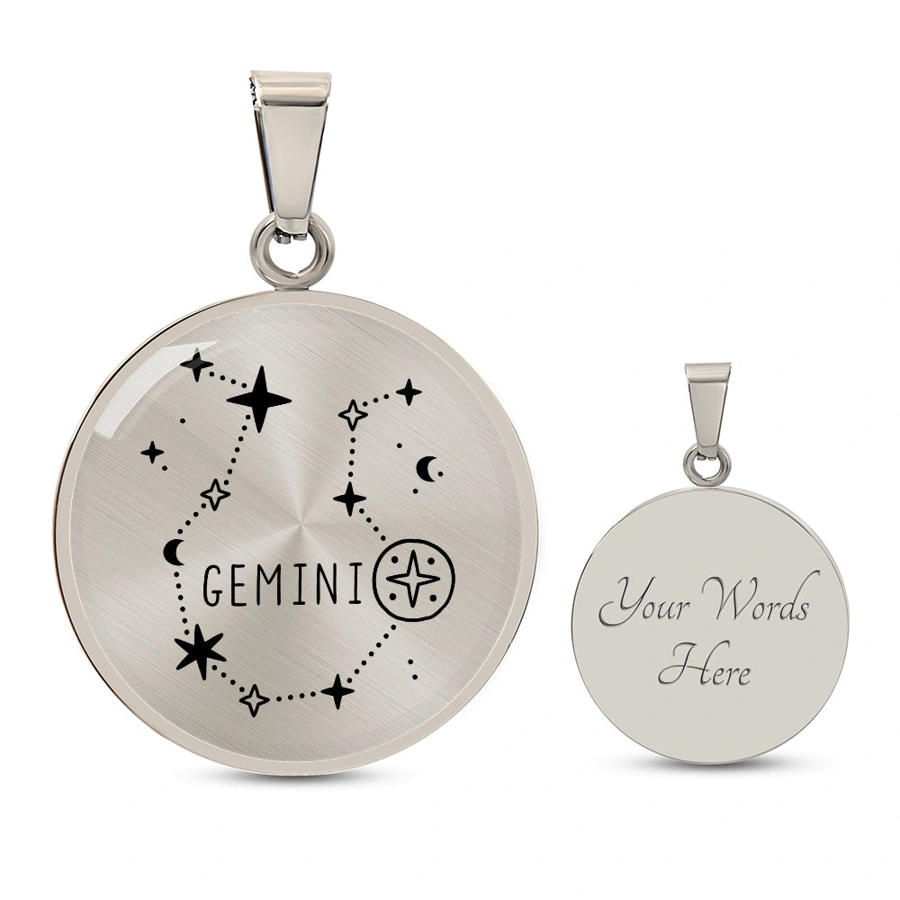 Surgical Steel Custom Engraved Gemini Star Sign Circle Pendant Necklace