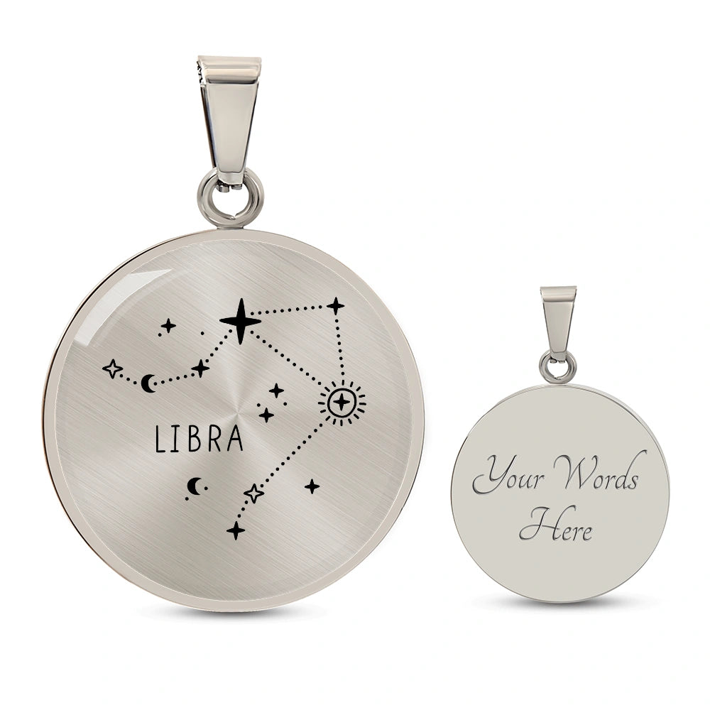 Surgical Steel Custom Engraved Libra Zodiac Star Sign Circle Pendant Necklace