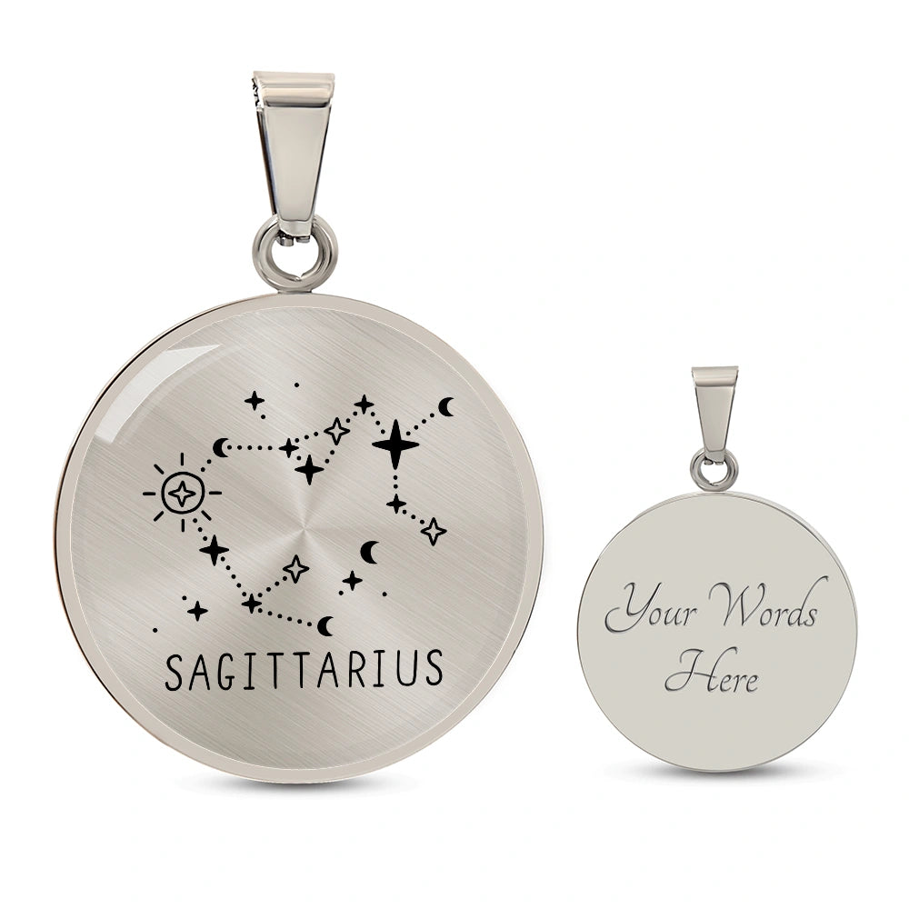 Surgical Steel Custom Engraved Sagittarius Zodiac Star Sign Circle Pendant Necklace