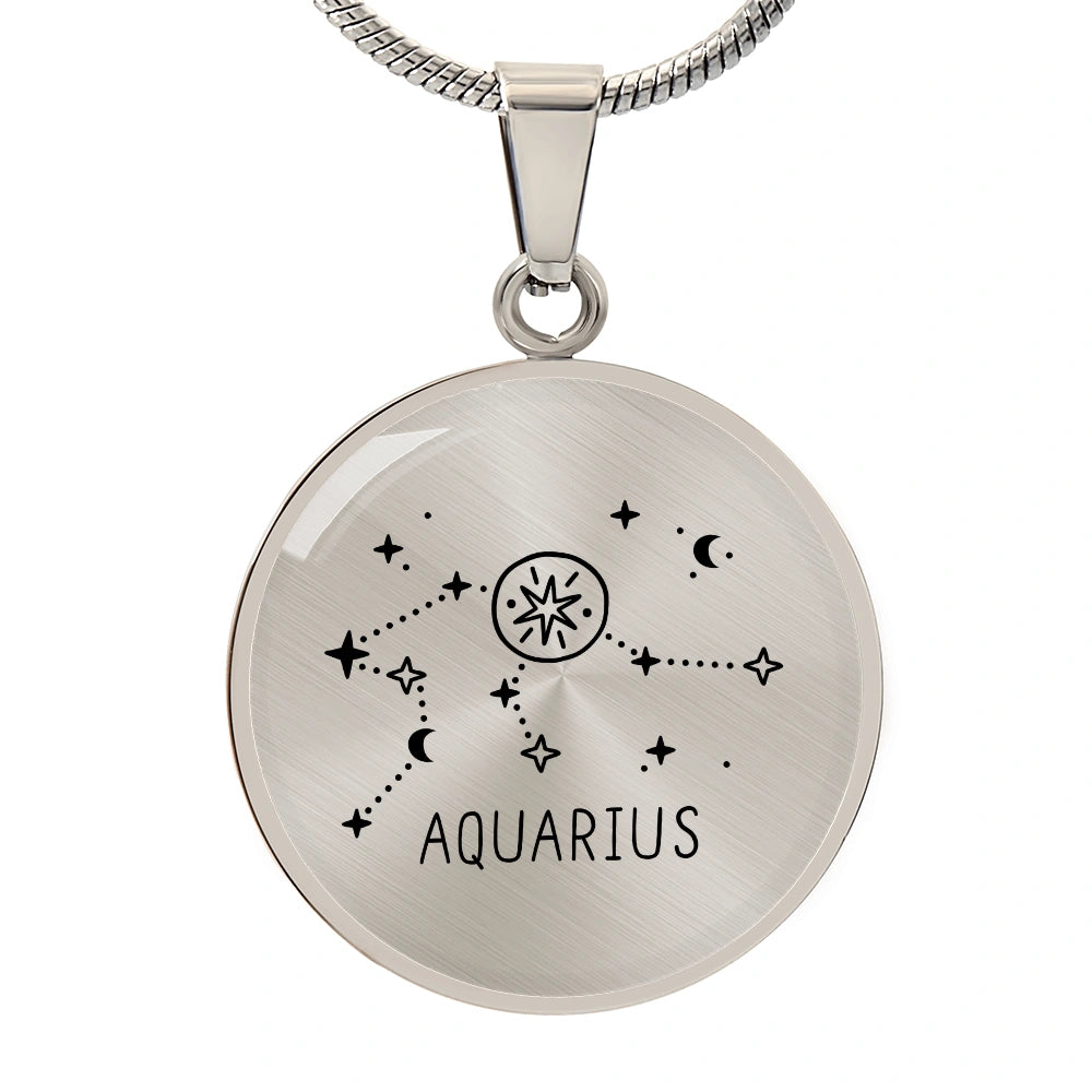 Surgical Steel Engraved Aquarius Zodiac Star Sign Circle Pendant Necklace