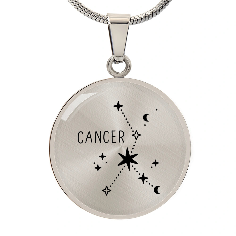 Surgical Steel Engraved Cancer Zodiac Star Sign Circle Pendant Necklace