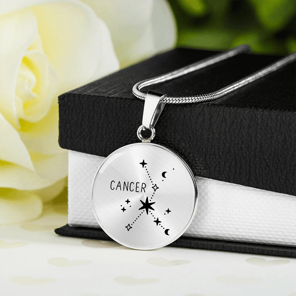 Surgical Steel Engraved Cancer Zodiac Star Sign Circle Pendant Necklace Standard Box