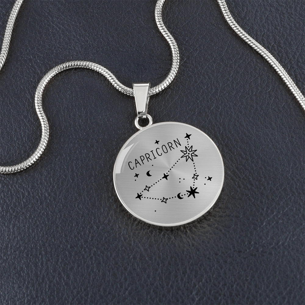 Surgical Steel Engraved Capricorn Zodiac Star Sign Circle Pendant Necklace Showcase