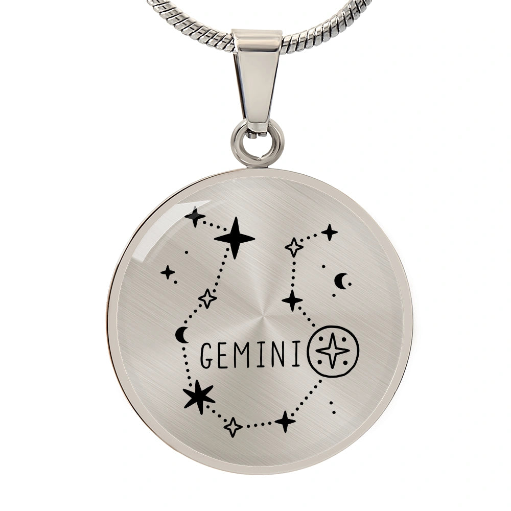 Surgical Steel Engraved Gemini Star Sign Circle Pendant Necklace