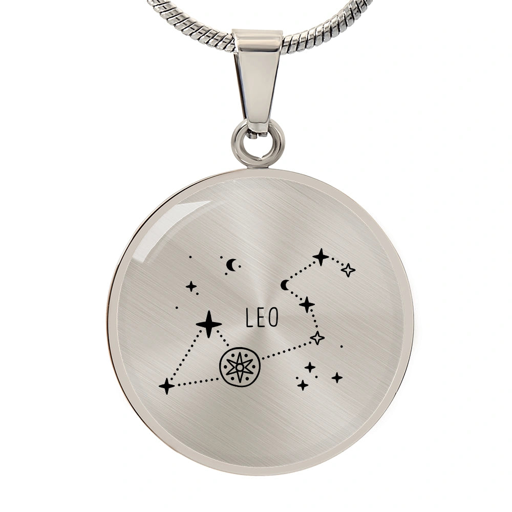 Surgical Steel Engraved Leo Zodiac Star Sign Circle Pendant Necklace