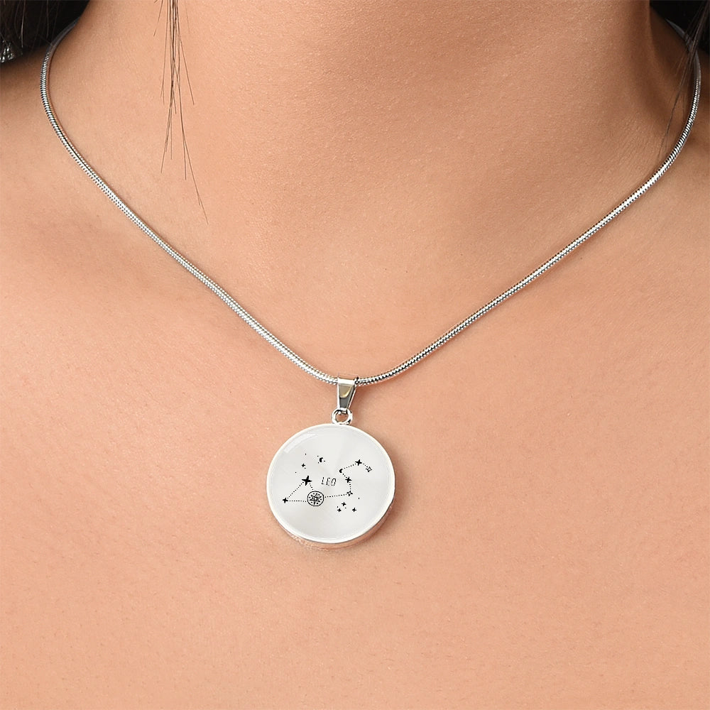 Surgical Steel Engraved Leo Zodiac Star Sign Circle Pendant Necklace Showcase On Neck