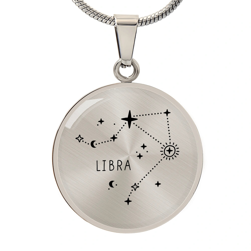 Surgical Steel Engraved Libra Zodiac Star Sign Circle Pendant Necklace