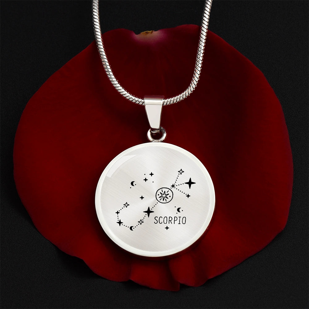 Surgical Steel Engraved Scorpio Zodiac Star Sign Circle Pendant Necklace Showcase