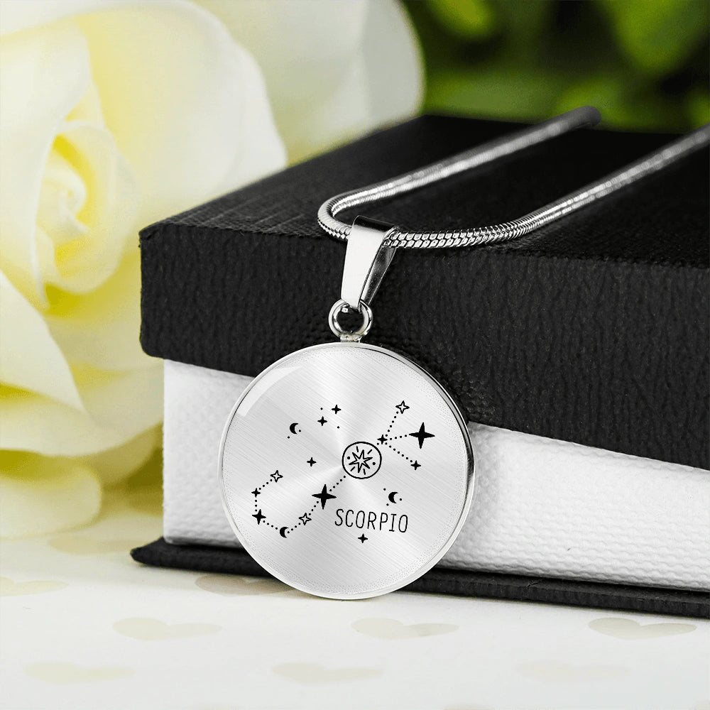 Surgical Steel Engraved Scorpio Zodiac Star Sign Circle Pendant Necklace Standard Box