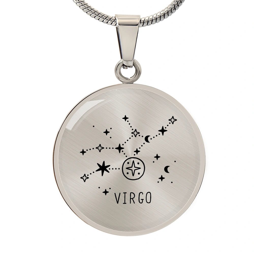 Surgical Steel Engraved Virgo Zodiac Star Sign Circle Pendant Necklace