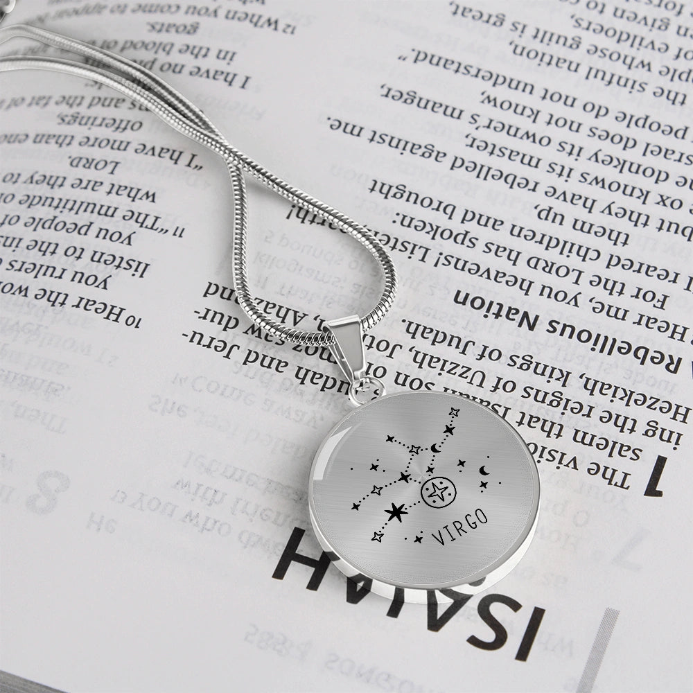 Surgical Steel Engraved Virgo Zodiac Star Sign Circle Pendant Necklace Showcase