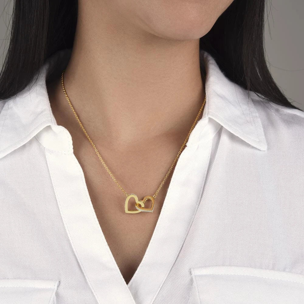 To A Mom To Be 18k Yellow Gold Interlocking Hearts Necklace From Baby in the Womb So Sweet Display on Neck