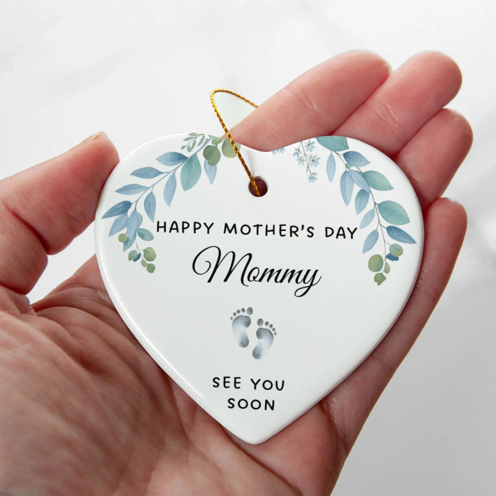 To A Mom To Be Ceramic Heart Ornament From Baby Bump See You Soon Display In Hand