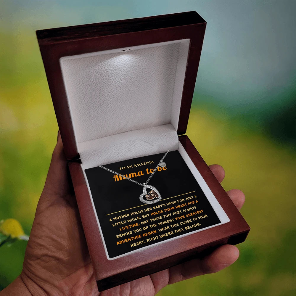 To A New Mom 14k Rose Gold Baby Feet Heart Necklace A Lifetime Display in Hand