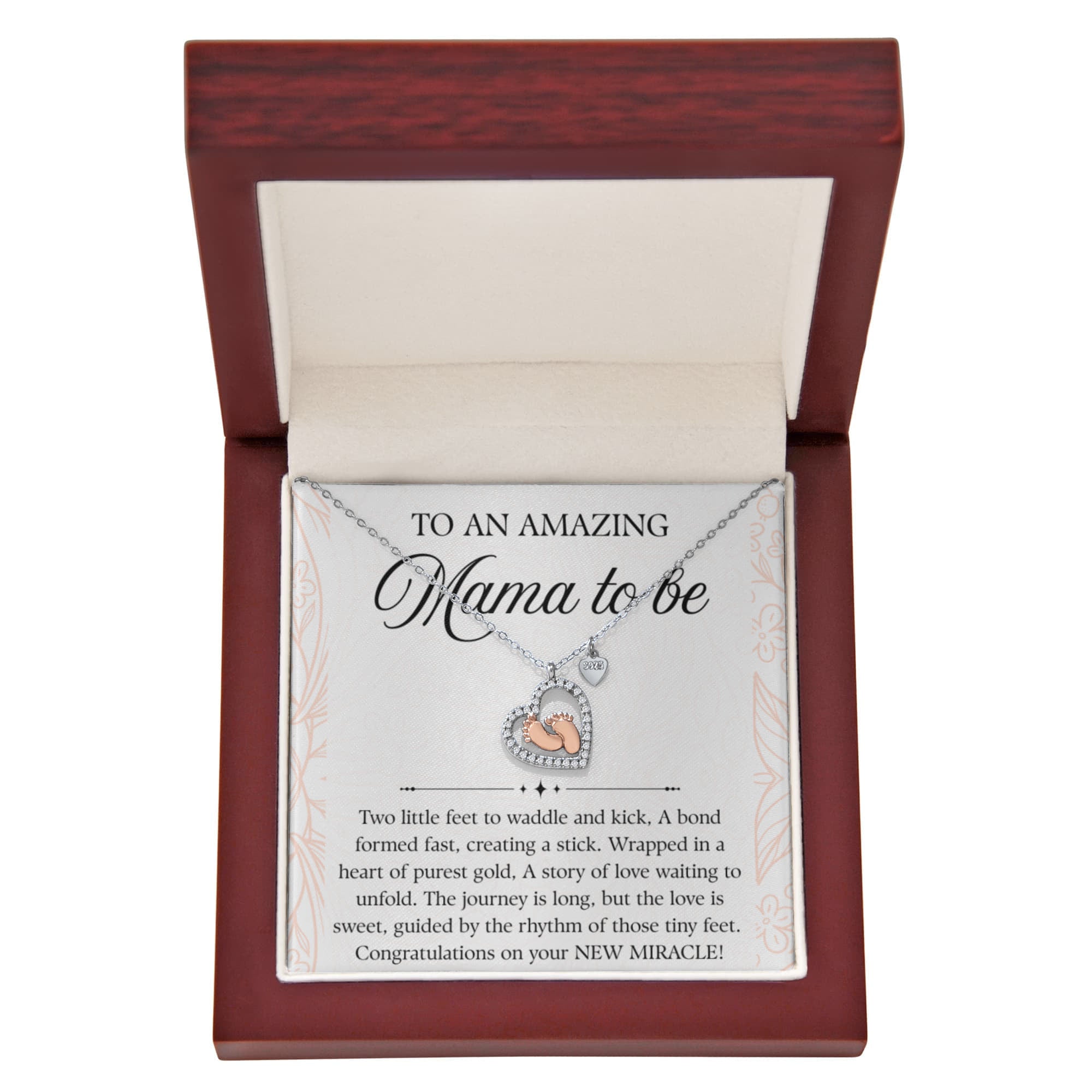 To A New Mom 14k Rose Gold Baby Feet Heart Necklace New Miracle Display Messages
