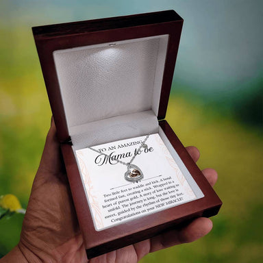 To A New Mom 14k Rose Gold Baby Feet Heart Necklace New Miracle Display in Hand