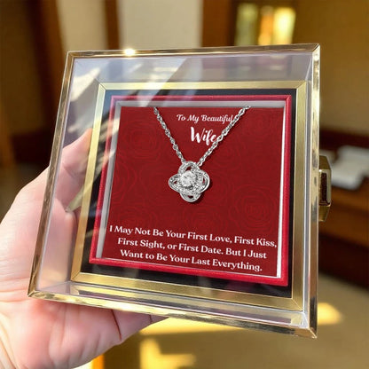 To My Beautiful Wife Love Knot Necklace with Rotating Rose Gift Box 14K White Gold