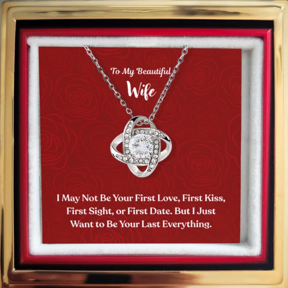 To My Beautiful Wife Love Knot Necklace with Rotating Rose Gift Box 14K White Gold Message Card