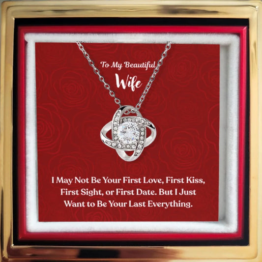 To My Beautiful Wife Love Knot Necklace with Rotating Rose Gift Box 14K White Gold Message Card