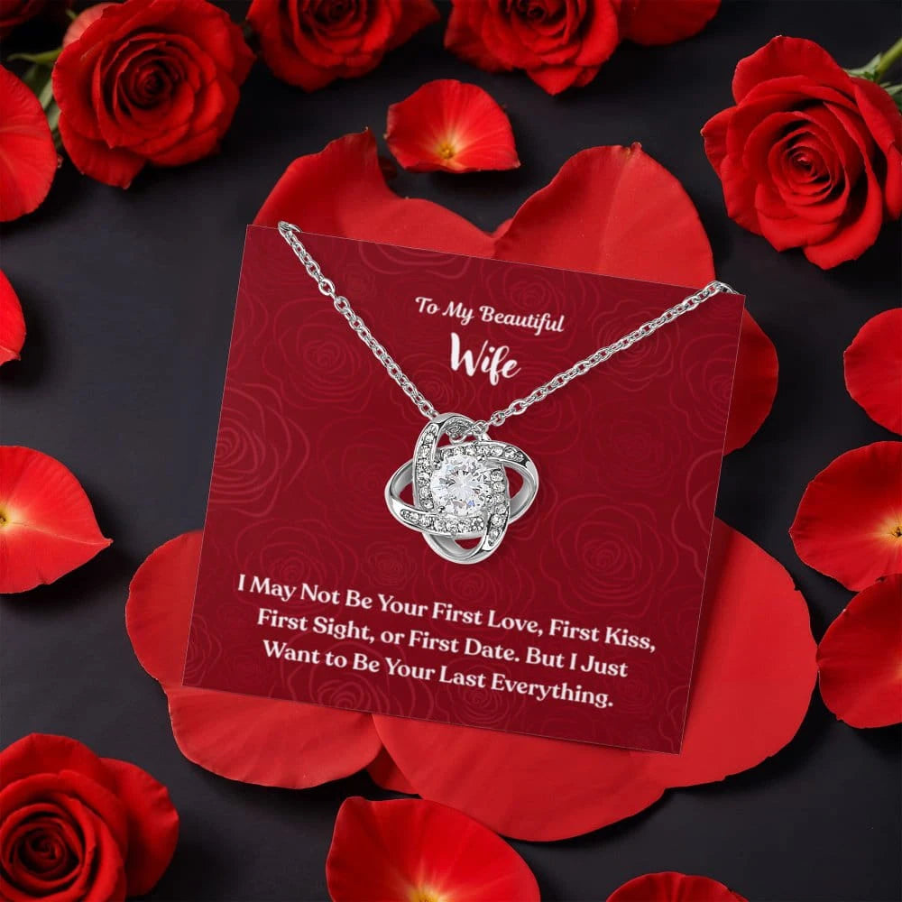 To My Beautiful Wife Love Knot Necklace with Rotating Rose Gift Box 14K White Gold Message Card Display