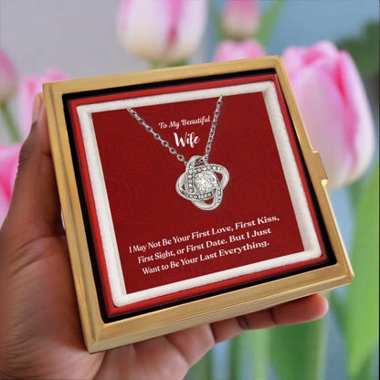 To My Beautiful Wife Love Knot Necklace with Rotating Rose Gift Box 14K White Gold Message Card Display Hand