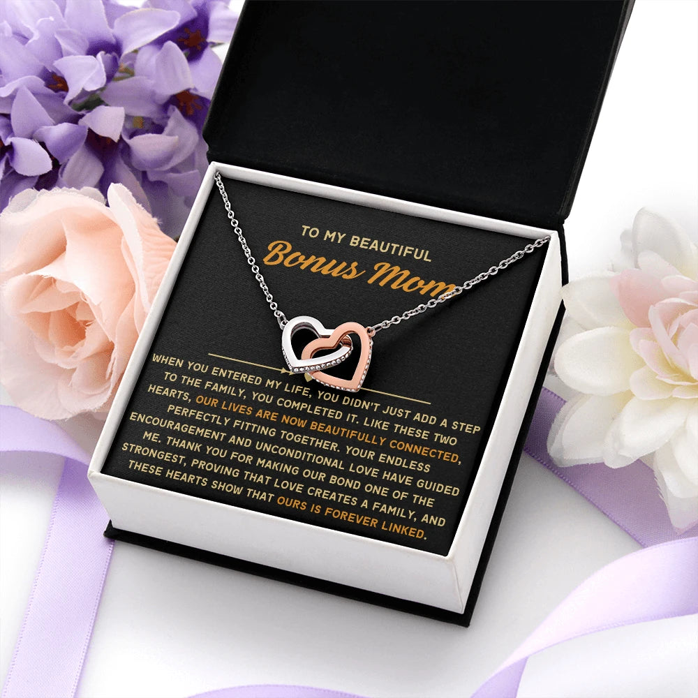 To My Bonus Mom 14K White Gold Interlocking Hearts Necklace From Children Forever Linked Message Card Jewelry Standard Box