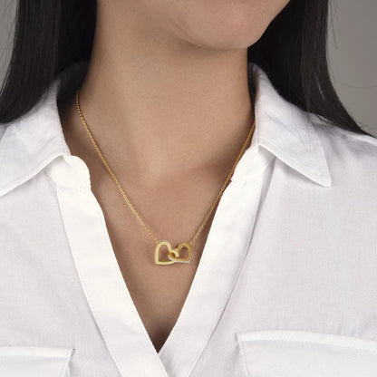 To My Bonus Mom 18K Yellow Gold Interlocking Hearts Necklace From Children Forever Linked Display on Neck