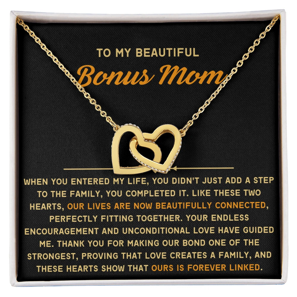 To My Bonus Mom 18K Yellow Gold Interlocking Hearts Necklace From Children Forever Linked Message Card Jewelry