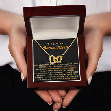 To My Bonus Mom 18K Yellow Gold Interlocking Hearts Necklace From Children Forever Linked Message Card Jewelry Luxury Box