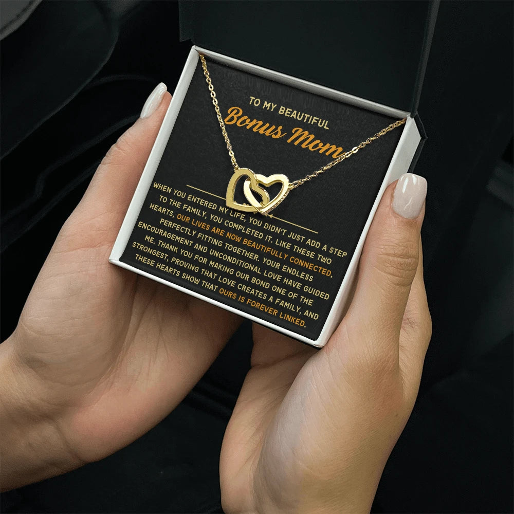 To My Bonus Mom 18K Yellow Gold Interlocking Hearts Necklace From Children Forever Linked Message Card Jewelry Standard Box