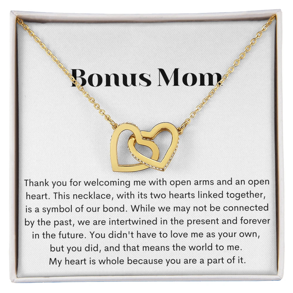 To My Bonus Mom 18K Yellow Gold Interlocking Hearts Necklace From Children Our Bond Message Card Jewelry