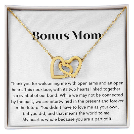 To My Bonus Mom 18K Yellow Gold Interlocking Hearts Necklace From Children Our Bond Message Card Jewelry