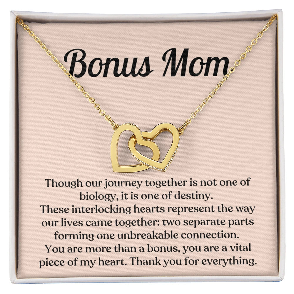 To My Bonus Mom 18K Yellow Gold Interlocking Hearts Necklace From Children Thank You Message Card Jewelry