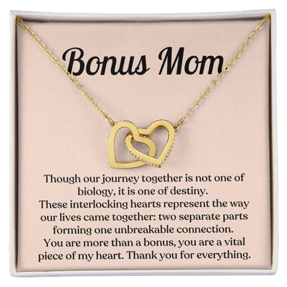 To My Bonus Mom 18K Yellow Gold Interlocking Hearts Necklace From Children Thank You Message Card Jewelry
