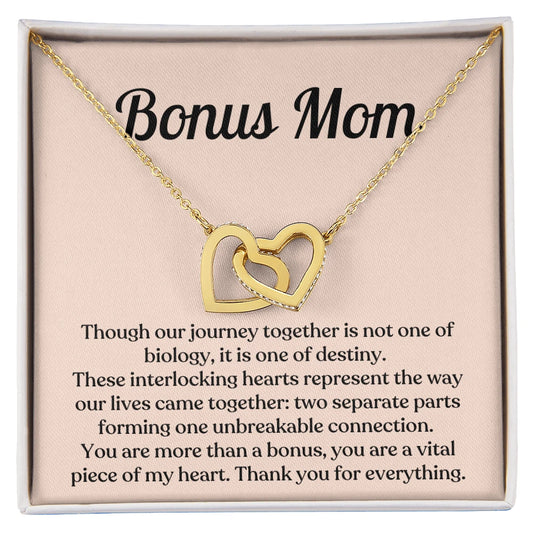 To My Bonus Mom 18K Yellow Gold Interlocking Hearts Necklace From Children Thank You Message Card Jewelry