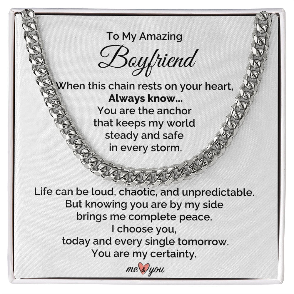 To My Boyfriend Stainless Steel Cuban Link Chain From Girlfriend I Choose You Message Card