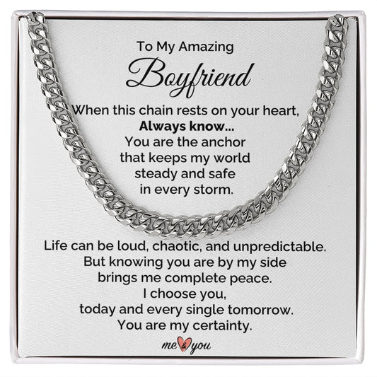 To My Boyfriend Stainless Steel Cuban Link Chain From Girlfriend I Choose You Message Card