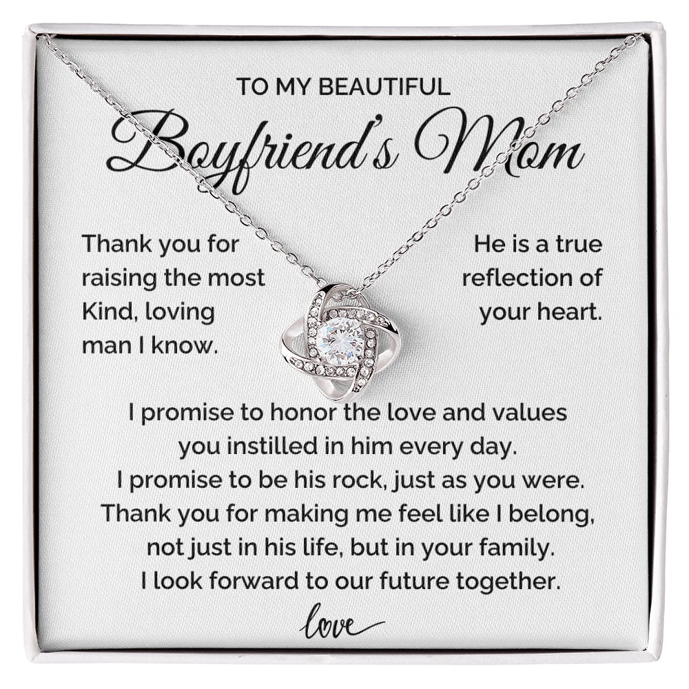 To My Boyfriend's Mom 14K White Gold Love Knot Necklace From Girlfriend Thank You Message Card