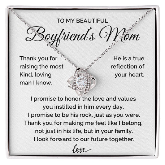 To My Boyfriend's Mom 14K White Gold Love Knot Necklace From Girlfriend Thank You Message Card