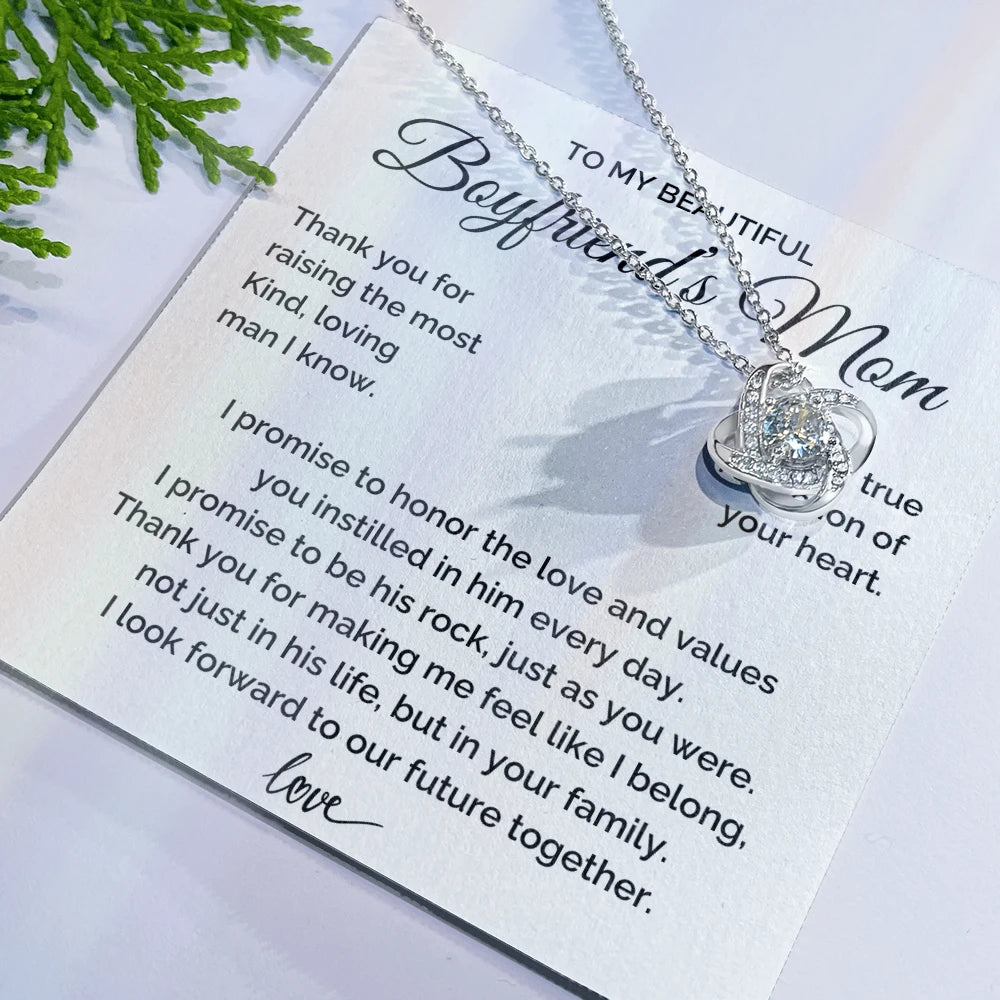 To My Boyfriend's Mom 14K White Gold Love Knot Necklace From Girlfriend Thank You Message Card Display