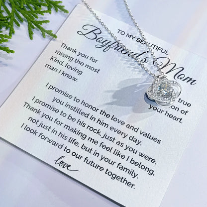 To My Boyfriend's Mom 14K White Gold Love Knot Necklace From Girlfriend Thank You Message Card Display