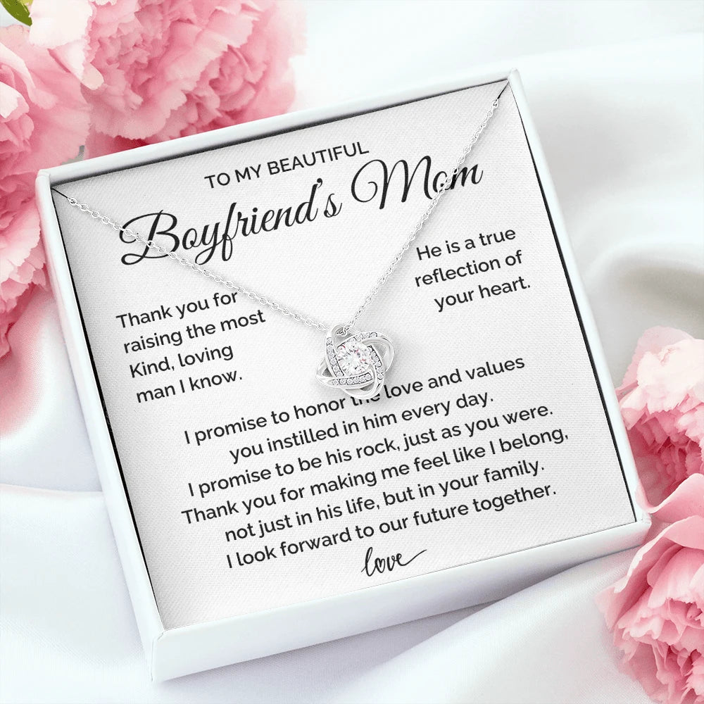 To My Boyfriend’s Mom 14K White Gold Love Knot Necklace From Girlfriend Thank You Message Card Standard Box