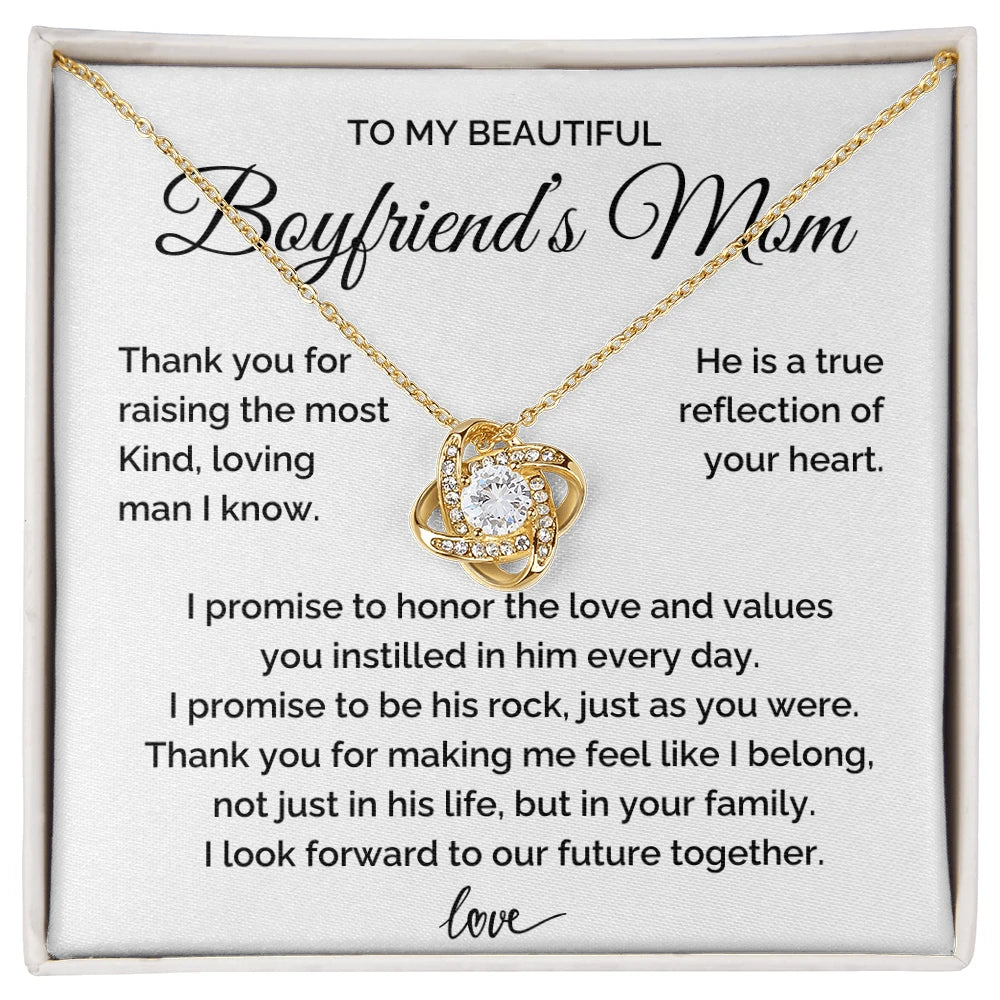 To My Boyfriend‘s Mom 18K Yellow Gold Love Knot Necklace From Girl friend Thank You Message Card
