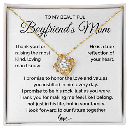 To My Boyfriend‘s Mom 18K Yellow Gold Love Knot Necklace From Girl friend Thank You Message Card