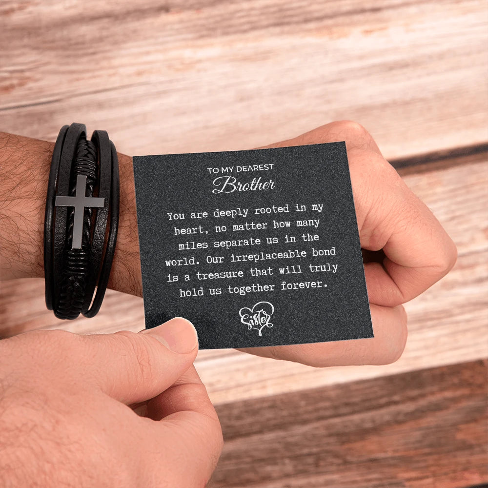 To My Brother Cross Leather Bracelet From Sister Together Forever Message Card Jewelry