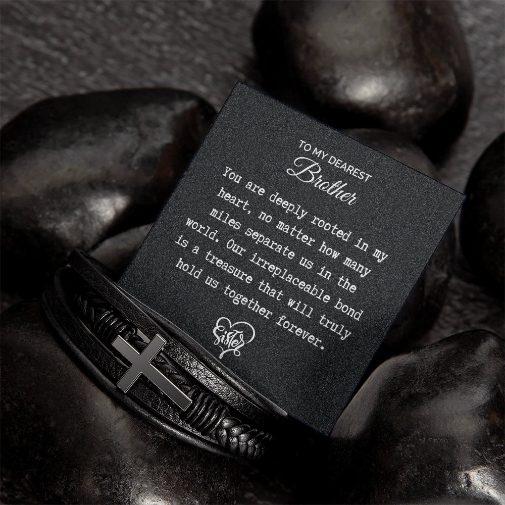 To My Brother Cross Leather Bracelet From Sister Together Forever Message Card Jewelry Display