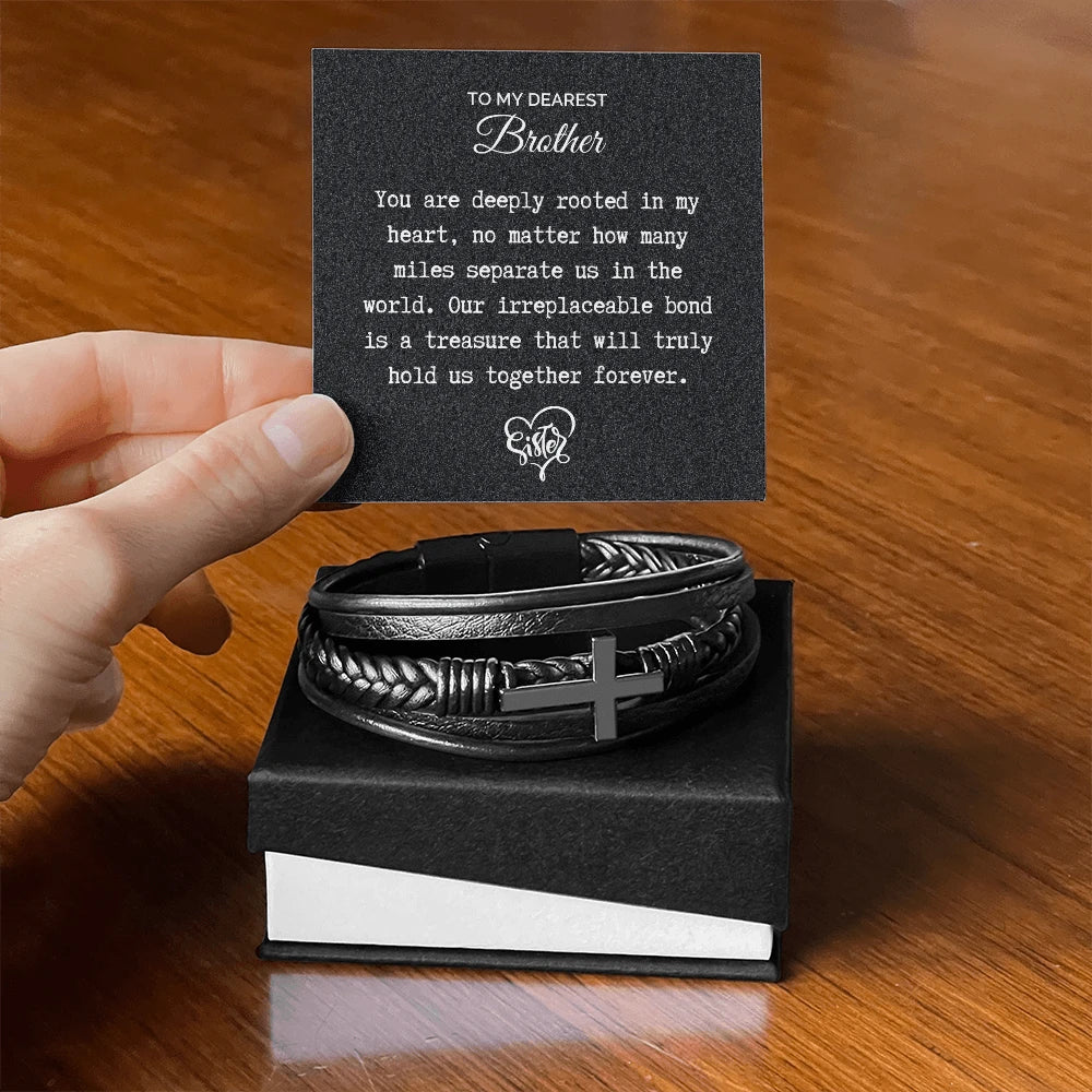 To My Brother Cross Leather Bracelet From Sister Together Forever Message Card Jewelry Standard Box